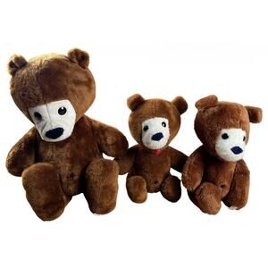 Animal Fair Brown Plush Bear Teddy Set Of 3 Large Medium Small Made In USA
